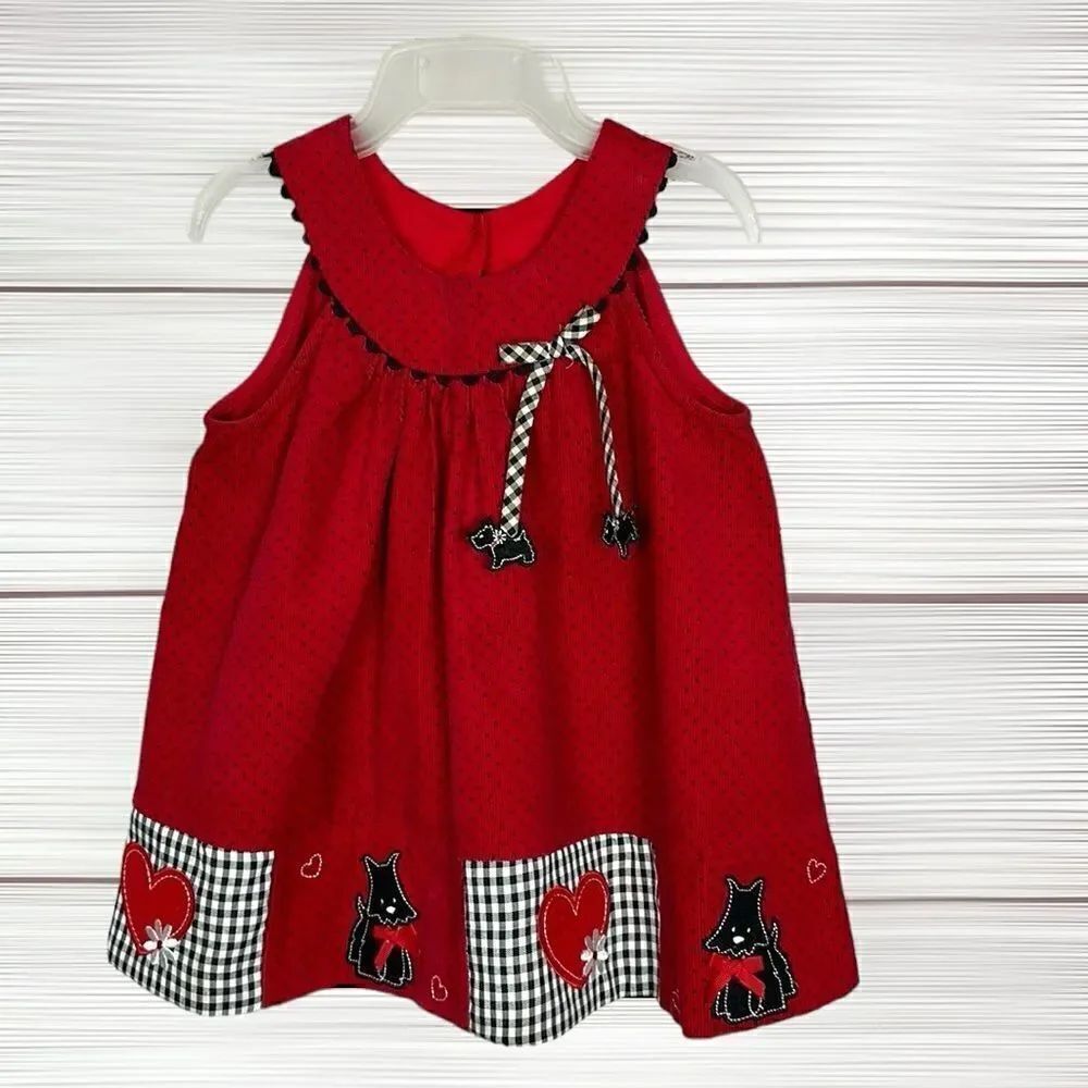 L g Fashions Vintage Red Cotton Corduroy Jumper with Scottish Terriers 18 month